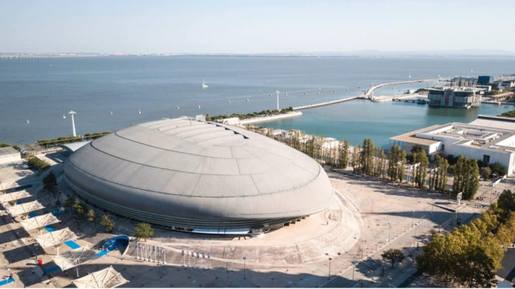 Waterfront arena venue at night