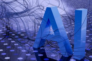 3D blue AI text on abstract