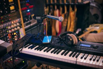 Recording studio equipment on desk