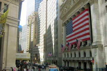 American flags outside Wall Street buildings