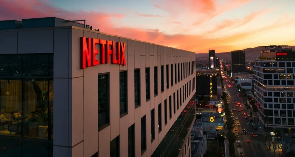 Netflix headquarters exterior at dusk