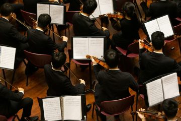 Orchestra musicians during performance